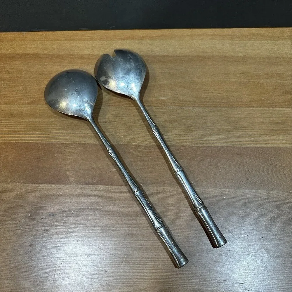 Vintage Italian Bamboo Salad Servers Silverplate Rustic MCM Patina